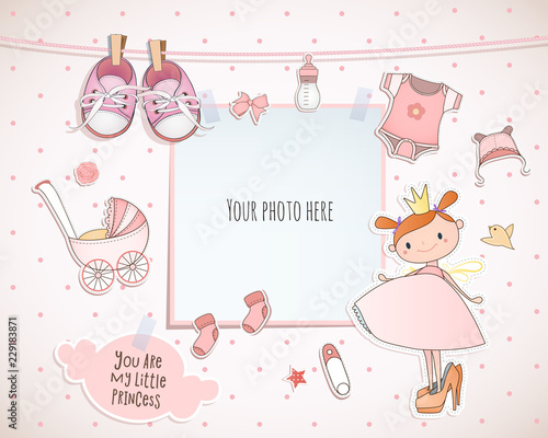 Baby girl shower card. Little princess. Arrival card with place for your photo.