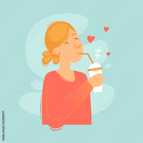 Woman drinks a drink through a straw, fast food. Flat design vector illustration