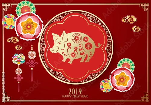 Wallpaper Mural Happy Chinese new year 2019. Year of the pig. With flower paper cut art and craft style on red color background. Torontodigital.ca