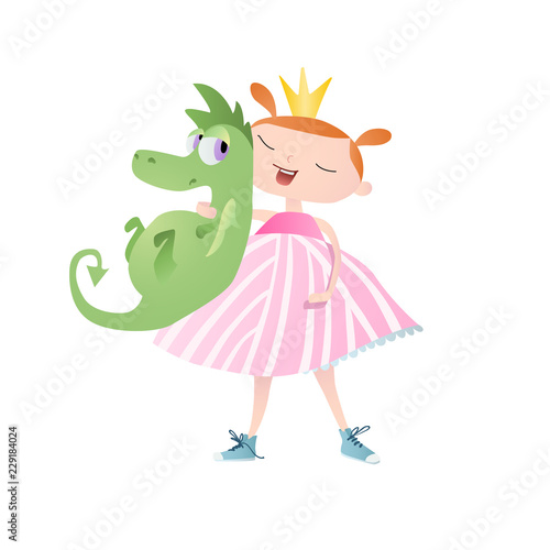 Cute little princess with dragon. Vector. Character design.