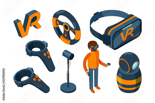 Virtual reality 3d. Vr game futuristic helmet and digital glasses augmentation headset vector isometric. 3d vr device, helmet and joystick, mask for simulation virtual illustration