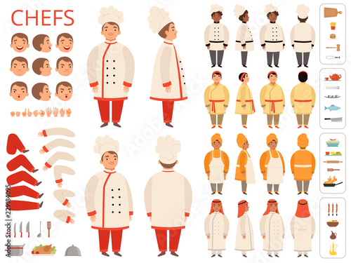 Cook national. Asian black arab indian chief body parts various poses and kitchen items vector constructor. Chief traditional cook, national cooker illustration