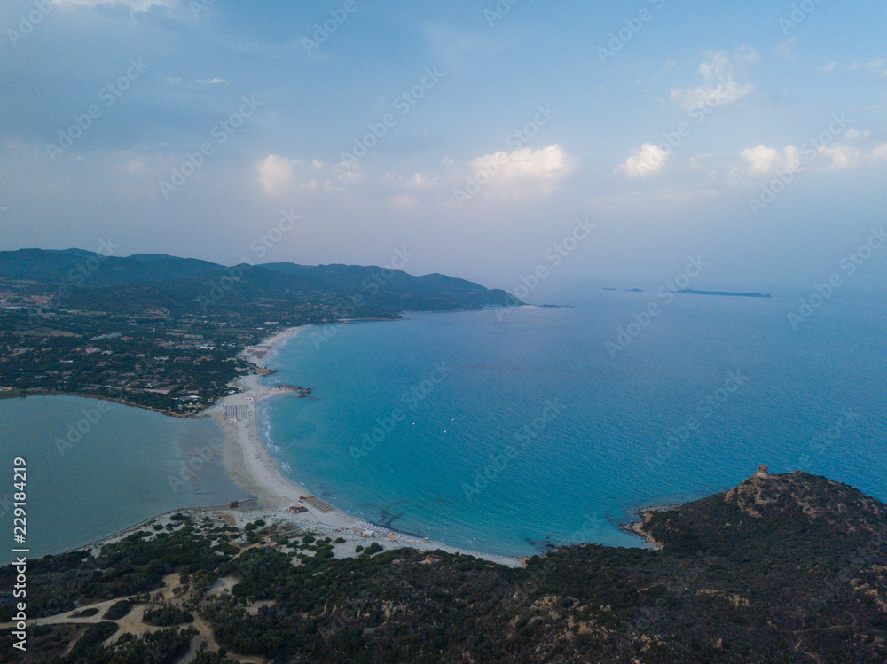Aerial Landscape. Magnificent view on famous beach Villasimius in Sardinia, Italy. Aerial Landscape. Magnificent view on famous beach Villasimius in Sardinia, Italy.