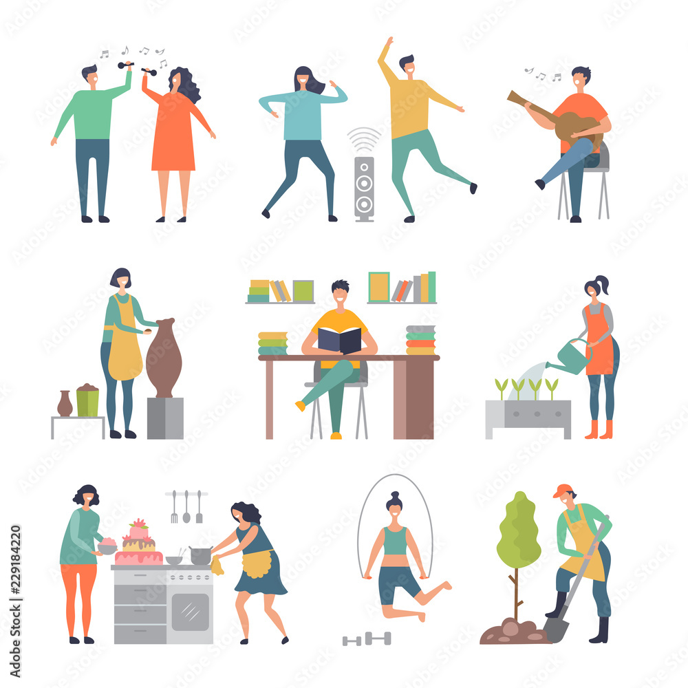 People hobbies. Writers painters male and female characters making sculpture and gardening vector illustrations. People hobby, happy leisure man and woman cooking and playing guitar