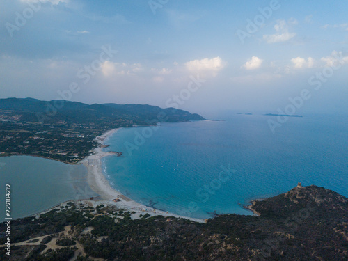 Aerial Landscape. Magnificent view on famous beach Villasimius in Sardinia  Italy.