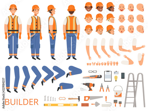 Engineer character animation. Body parts and specific tools of builder constructor with head body arms hands vector. Builder animation construction, creation kit, worker engineer illustration