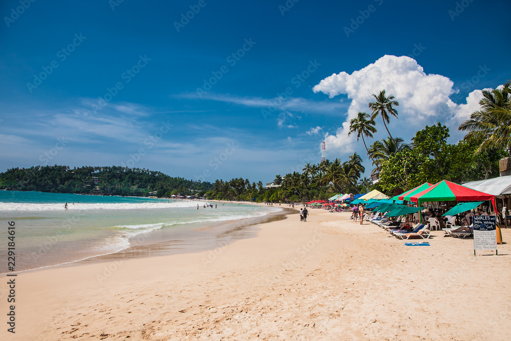 Tourists walking on the sand beach of Mirissa . Sri Lanka. Tourists walking on the sand beach of Mirissa . Sri Lanka.