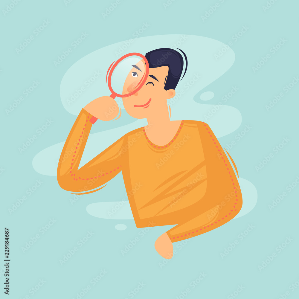 Search page. Error. 404. Man with magnifying glass. Flat design vector illustration - obrazy, fototapety, plakaty 