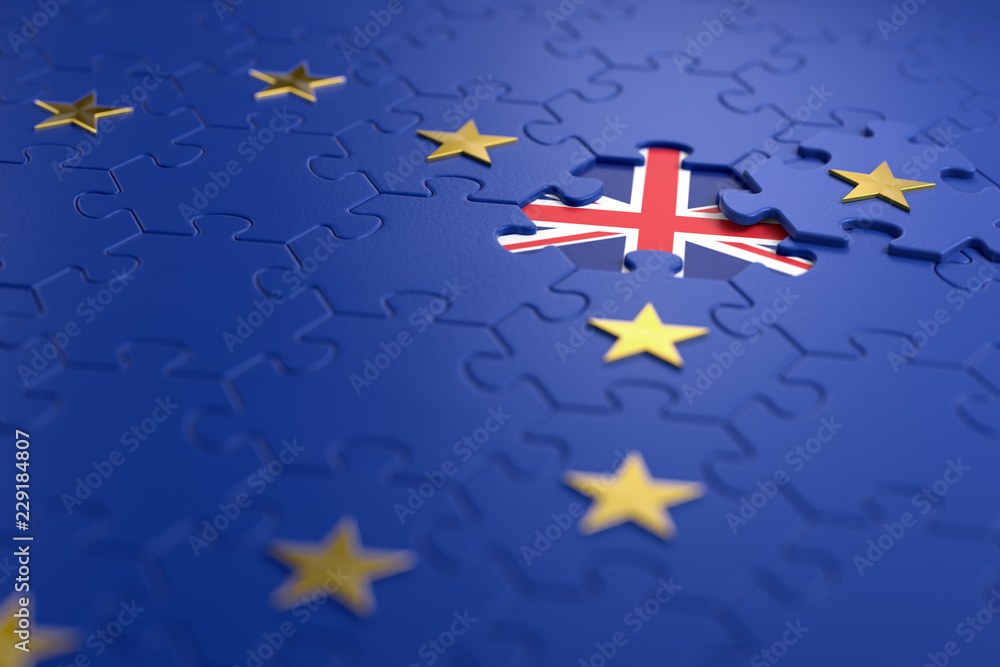 Brexit - British exit from the European Union. The idea of a 'Brexit' represented via jigsaw puzzle. 3D rendering graphics. Brexit - British exit from the European Union. The idea of a 'Brexit' represented via jigsaw puzzle. 3D rendering graphics.