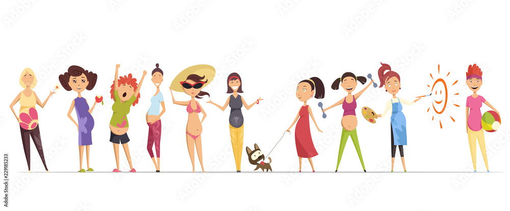 Pregnant women set. Many views of pregnant. Smile happy, walking with dog, eating apple, exercise, painting, swimsuit. Vector illustrations isolated.