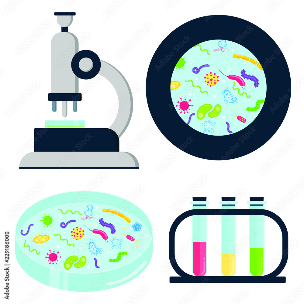 Laporatory analisys equipment set. Microscope, petri dish, test tubes with holder and zoomed view bacterias, germs, viruses and microorganisms flat style cartoon design vector illustration isolated. Stock Vector | Adobe Stock Laporatory analisys equipment set. Microscope, petri dish, test tubes with holder and zoomed view bacterias, germs, viruses and microorganisms flat style cartoon design vector illustration isolated. Stock Vector | Adobe Stock