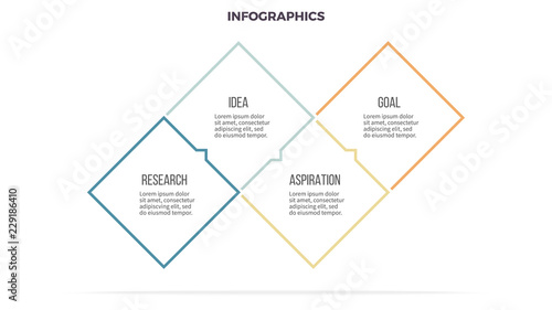 Business infographics. Timeline with 4 steps, options, squares. Vector template. Editable line.