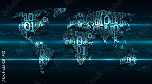 Abstract map world with continents from digital binary code on the background abstract printed circuit board, concept of  networking technologies, big data, global cloud service, internet of things