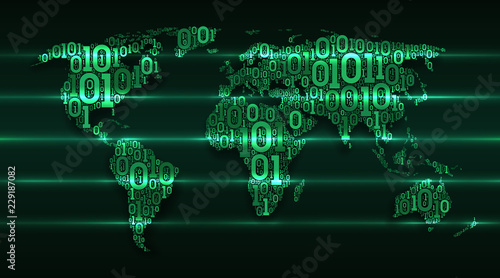 Abstract map world with continents from digital binary code on a dark green background with glowing transaction lines, concept of big data, global cloud service, digital technology, internet of things