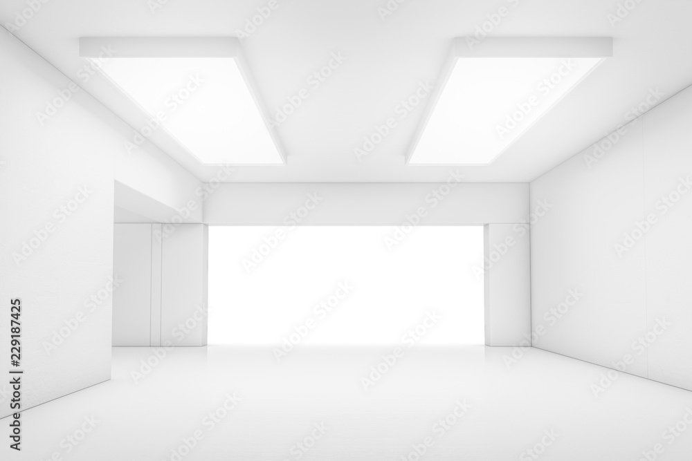 Empty abstract white room with the gate and glowing light. Interior concept background. 3d illustration Empty abstract white room with the gate and glowing light. Interior concept background. 3d illustration