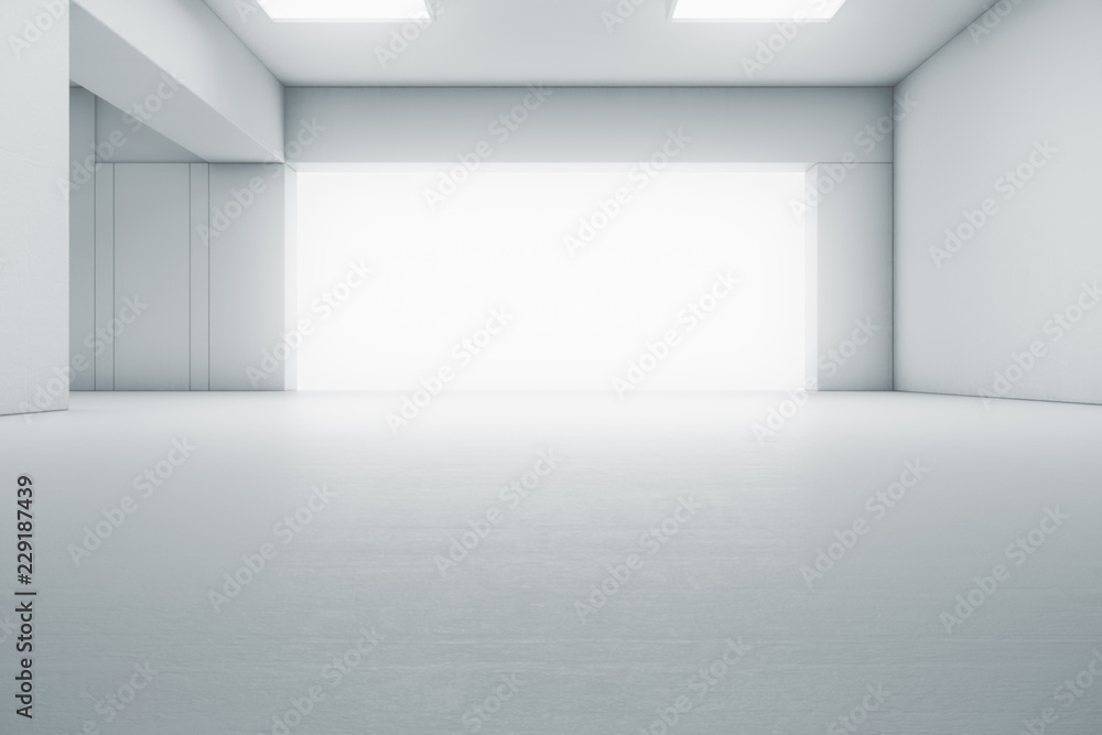 Empty abstract white room with the gate and glowing light. Interior concept background. 3d illustration Empty abstract white room with the gate and glowing light. Interior concept background. 3d illustration