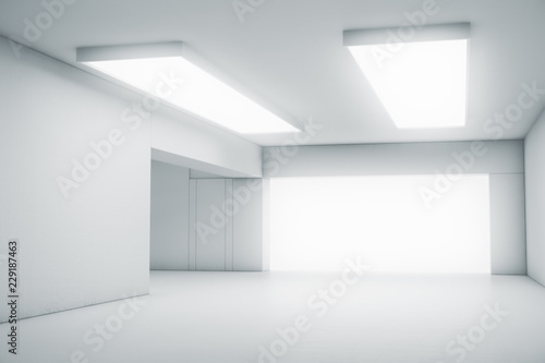 Empty abstract white room with the gate and glowing light. Interior concept background. 3d illustration