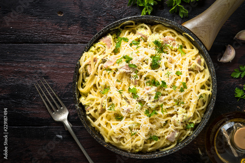 Pasta carbonara with bacon and cream sauce. 