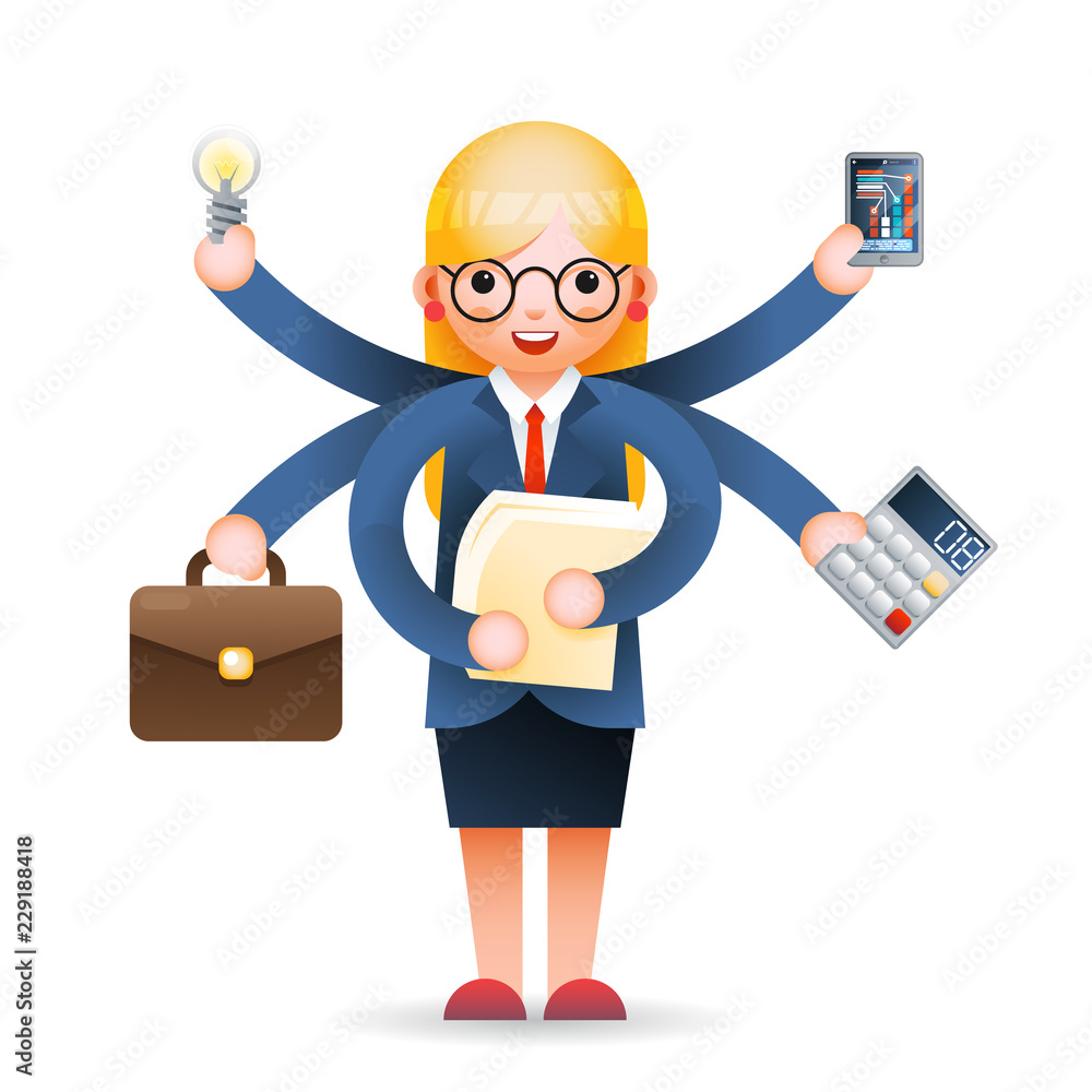 Cute young businesswoman multitasking professional effective office  management cartoon character vector illustration Stock Vector | Adobe Stock
