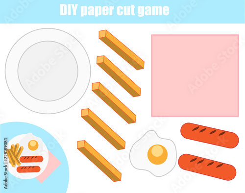 Cut and paste children educational game. Paper cutting activity. Make a food plate with glue. DIY worksheet.