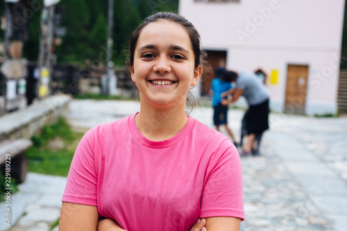 portrait of a 12 year old girl in the mountain village of the Alps