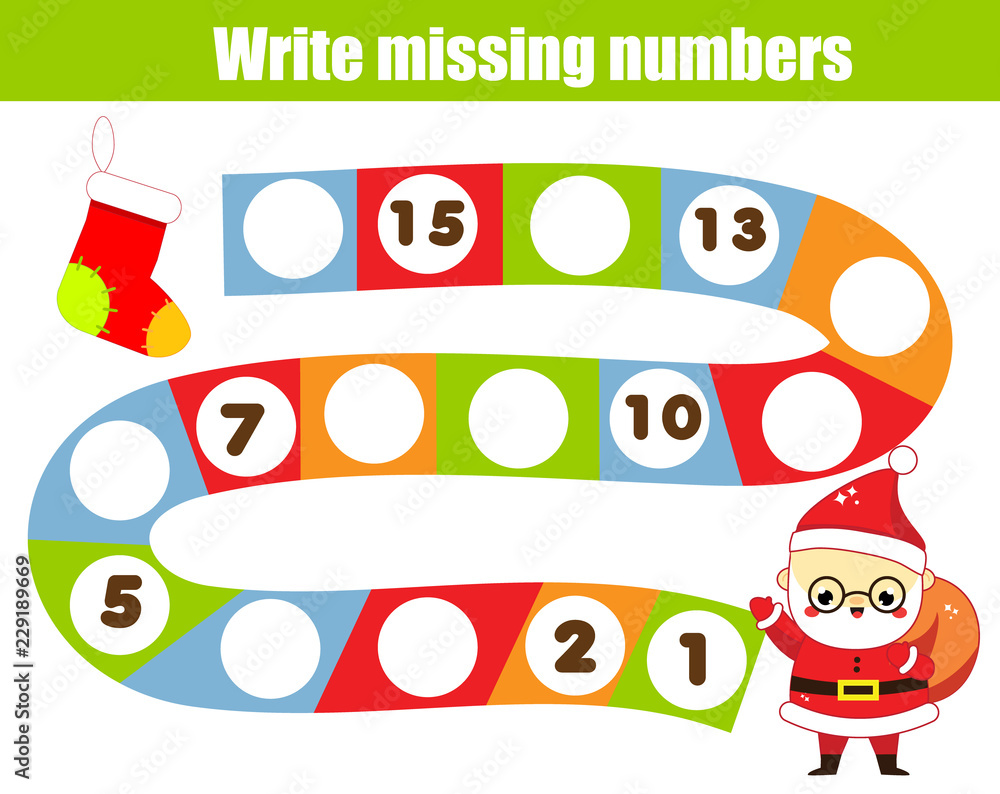 Mathematics educational game for children. Write the missing numbers. Help  Santa Claus find road. Christmas, New Year theme fun for toddlers Векторный  объект Stock | Adobe Stock