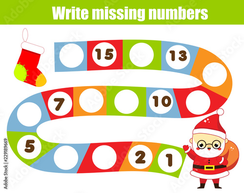Mathematics educational game for children. Write the missing numbers. Help Santa Claus find road. Christmas, New Year theme fun for toddlers