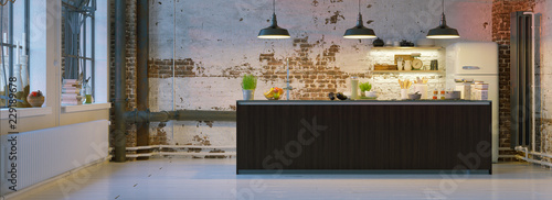 kitchen in vintage brick loft apartment