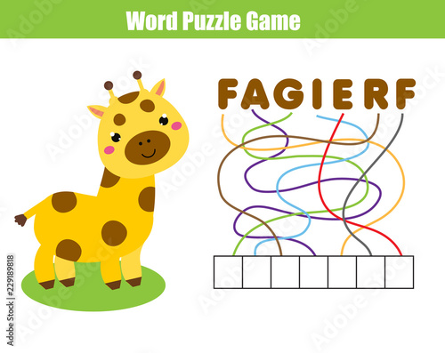 Words puzzle children educational game. Place the letters in right order. Learning vocabulary. Animals theme