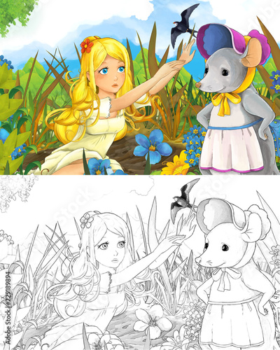 cartoon scwne with beautiful tiny elf girl on the meadow talking to some farmer mouse and cuckoo bird is flying over  - with coloring page - creative illustration for children