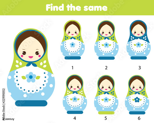Find the same pictures children educational game. Find pairs of matreshka dolls