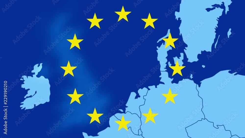 Brexit - map of the west of EU with the 12 symbolic stars - The UK is being erased in a blue smoky effect - graphic blue animation Brexit - map of the west of EU with the 12 symbolic stars - The UK is being erased in a blue smoky effect - graphic blue animation