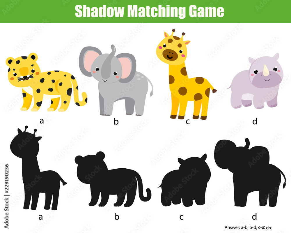 Obraz premium Shadow matching game. Kids activity with african animals