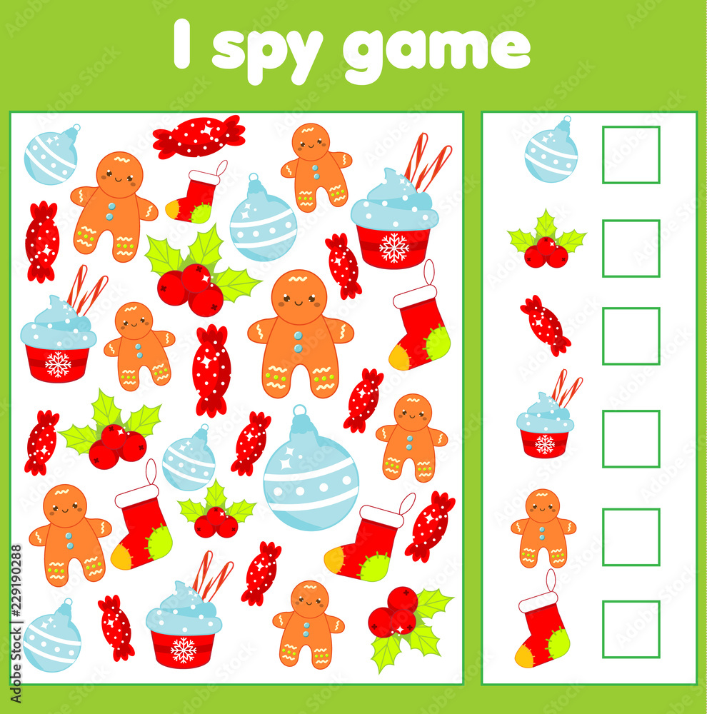 I spy game for toddlers. Find and count objects. Counting educational children activity. Christmas and new year holidays theme