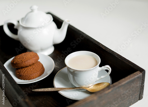 Wallpaper Mural Breakfast, wooden tray of tea and oatmeal cookies Torontodigital.ca