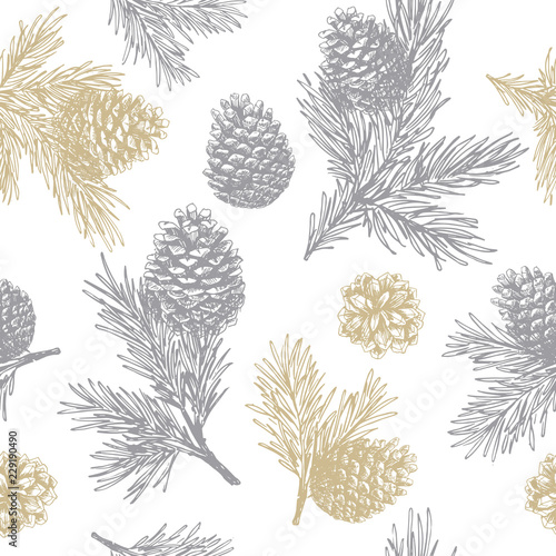 Pine cones and branches seamless pattern. Christmas gift wrapping. Vector illustration © Maria