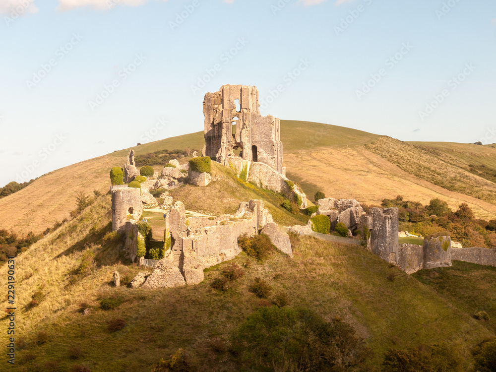 corfe castle dorset holiday skyline blue clouds nature landscape building ruins medieval summer day corfe castle dorset holiday skyline blue clouds nature landscape building ruins medieval summer day