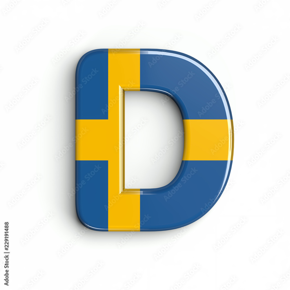 Fototapeta premium Sweden flag letter D - Capital 3d swedish font isolated on white background. This alphabet is perfect for creative illustrations related but not limited to Sweden, nordic countries, Europe...