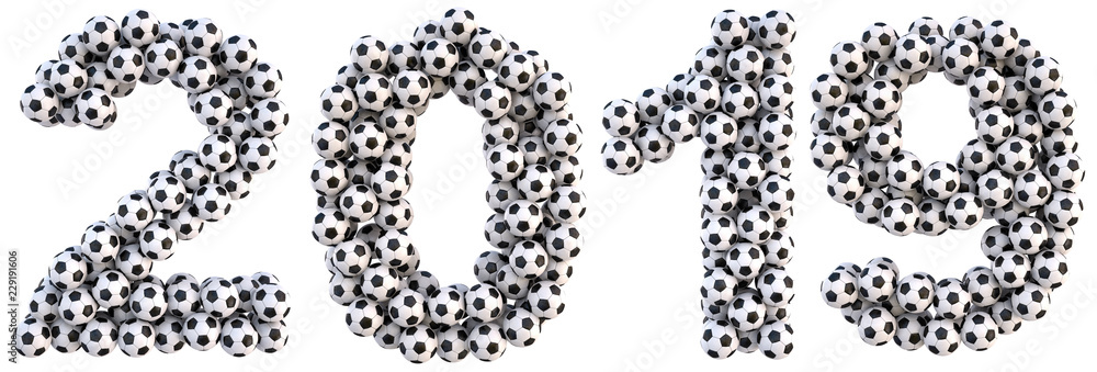 new 2019 year from the soccer balls. isolated on white. 3D illustration