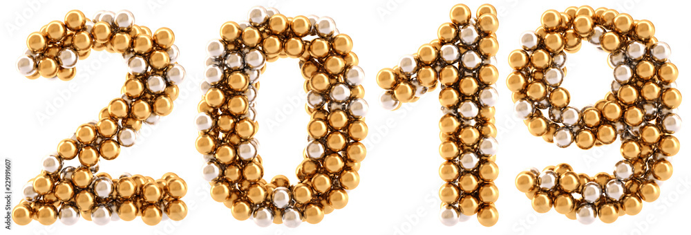 new 2019 year from golden and silver balls. isolated on white. 3D illustration new 2019 year from golden and silver balls. isolated on white. 3D illustration