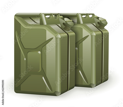 Two green petrol canisters for storing and transportation fuel and other petroleum products. Fire resistant storage tank. EPS10 vector illustration isolated on white background.