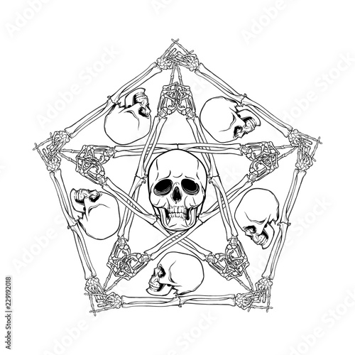 Halloween pentagrame. Human hand bones and skulls arranged in an intricate gothic occult ornament. Tattoo design. Isolated on white background. EPS10 vector illustration