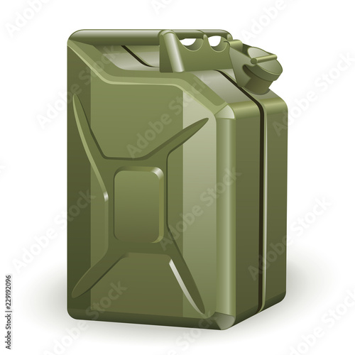 Green petrol canister for storing and transportation fuel and other petroleum products. Fire resistant storage tank. EPS10 vector illustration isolated on white background.