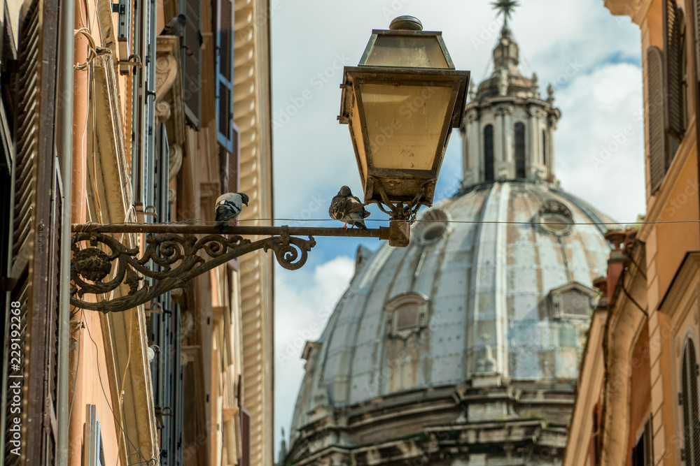 Old Street Light In Rome With Pigeons Sitting On It Old Street Light In Rome With Pigeons Sitting On It