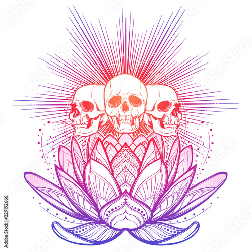 Halloween spirit. Human skulls on a sacred lotus flower with light rays behind. Intricate hand drawing isolated on white background. Tattoo design. EPS10 vector illustration
