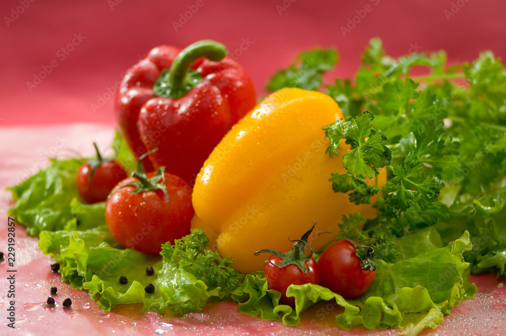Овощи - помидоры, перец, салат, петрушка на красном фоне Vegetables - tomatoes, peppers, lettuce, parsley on a red background Овощи - помидоры, перец, салат, петрушка на красном фоне Vegetables - tomatoes, peppers, lettuce, parsley on a red background