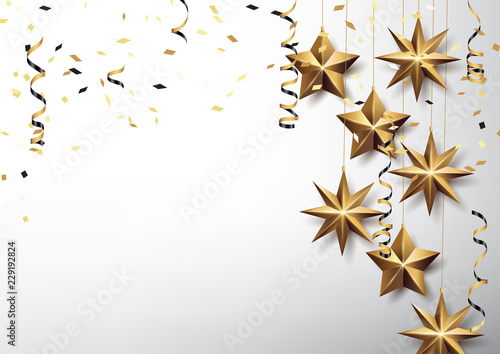 Vector illustration eps10 of happy new year and merry christmas 2019 background with star,chrsitmas ball,golden ribbon and confetti.