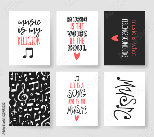 Set of Hand drawn quote about music. Doodle illustration. Creative ink art work. Actual vector text drawing