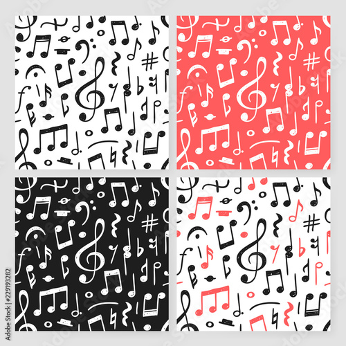 Hand drawn music notes illustration. Doodle samless pattern with symbols. Creative ink art work. Actual vector drawing
