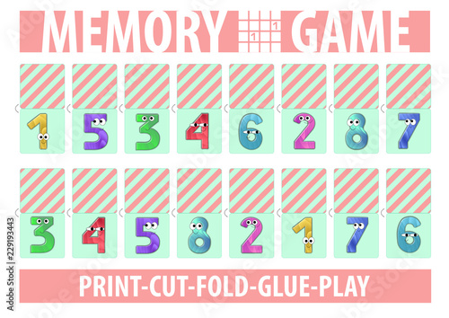 Memory card game. Numbers. Printable A4 horizontal album page. Vector